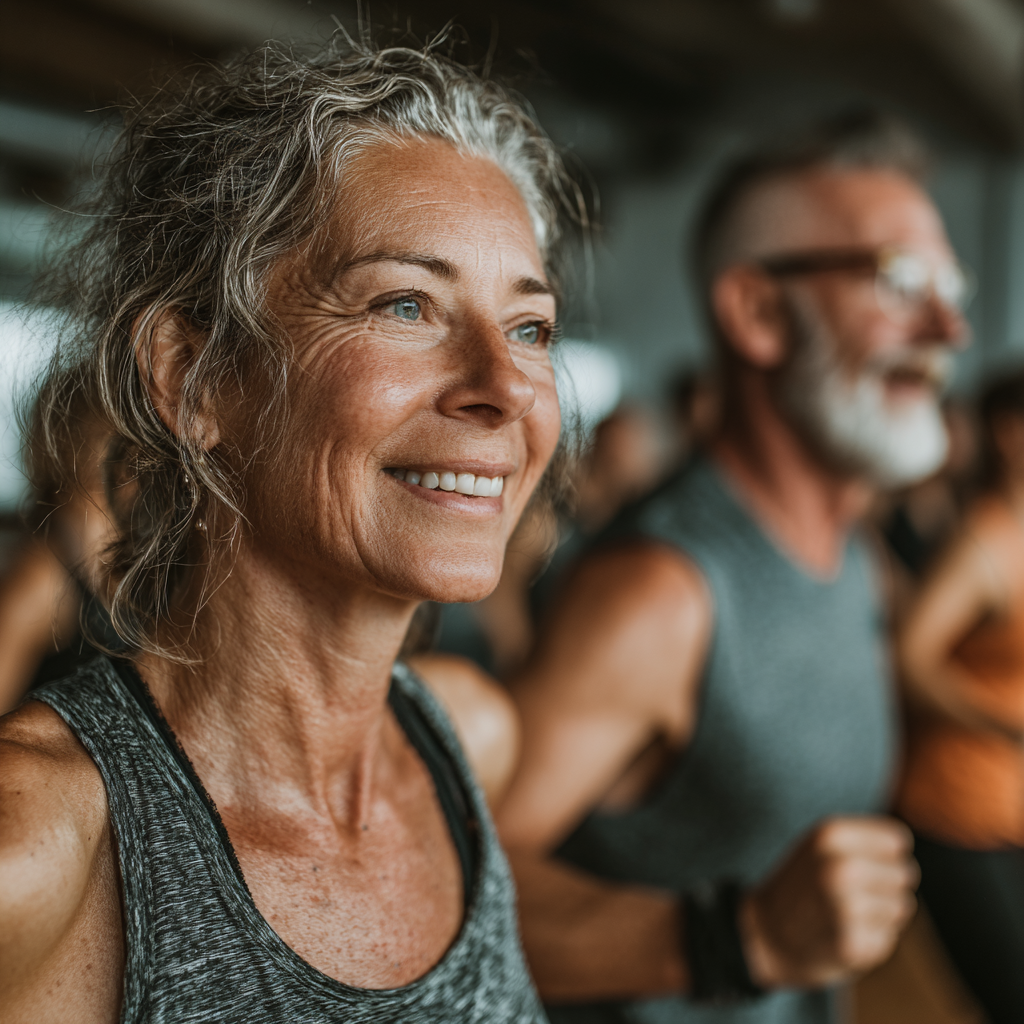Group of motivated adults aged 40-55 participating in an energetic fitness class together, showing teamwork and community spirit in a bright studio