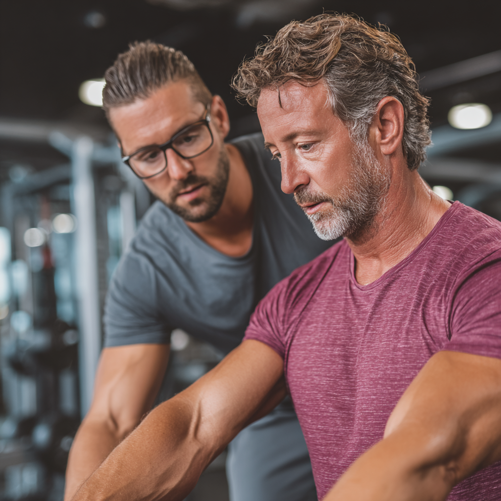 Professional fitness trainer working with a 45-year-old client in a modern gym, demonstrating proper exercise form and providing personalized guidance