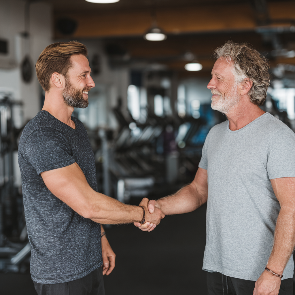 Welcoming fitness instructor greeting a new 50-year-old client for their first trial session in a modern and well-equipped gym facility